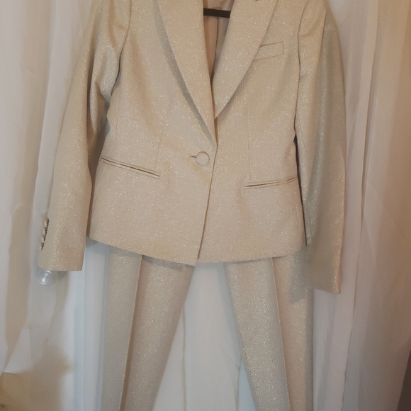 Talbots 2pc Blazer And Pant Set Metallic Gold Cotton Blend Sz 2 Holiday Formal - Picture 3 of 16